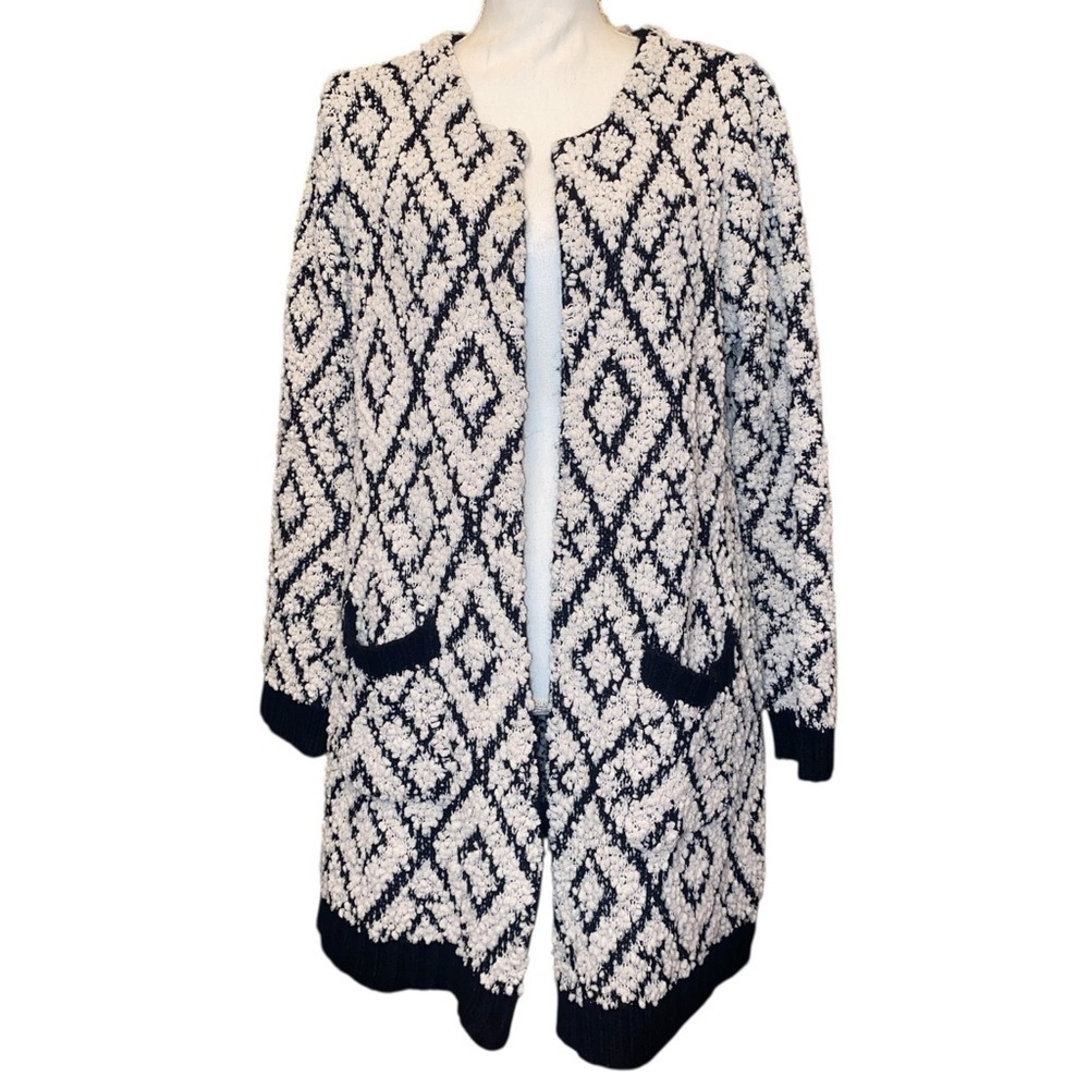 Solitaire by Ravi Khosla Long Cardigan Sweater Black and White Size Large - Picture 2 of 7